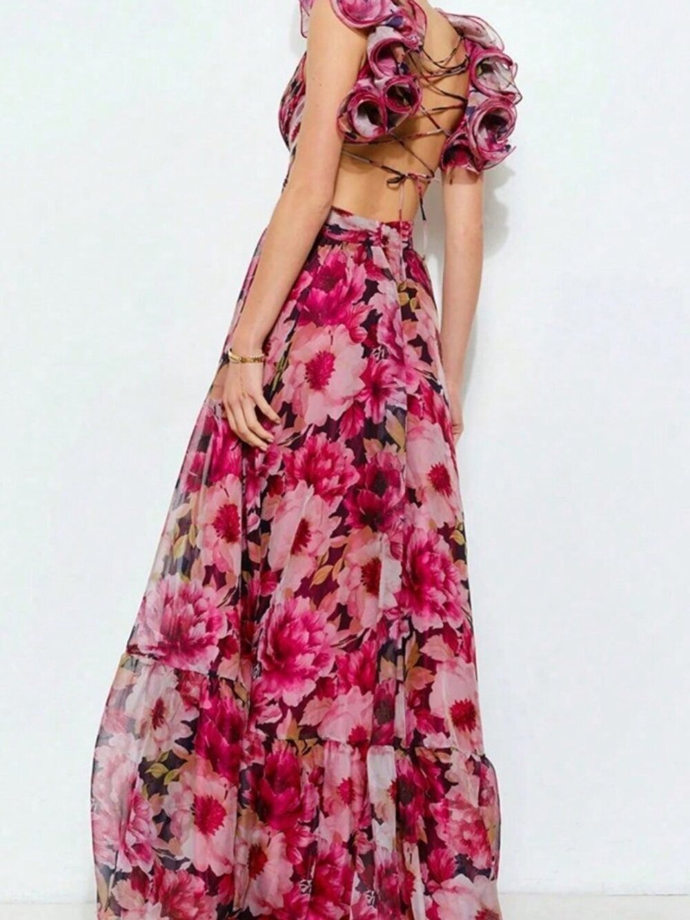 Hot Pink Elegant Women's Fairycore Floral Maxi Dress Ruched Waist - Picture 2 of 4